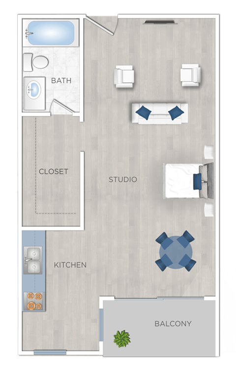 Floor plan for 1 bed, 477 sqft